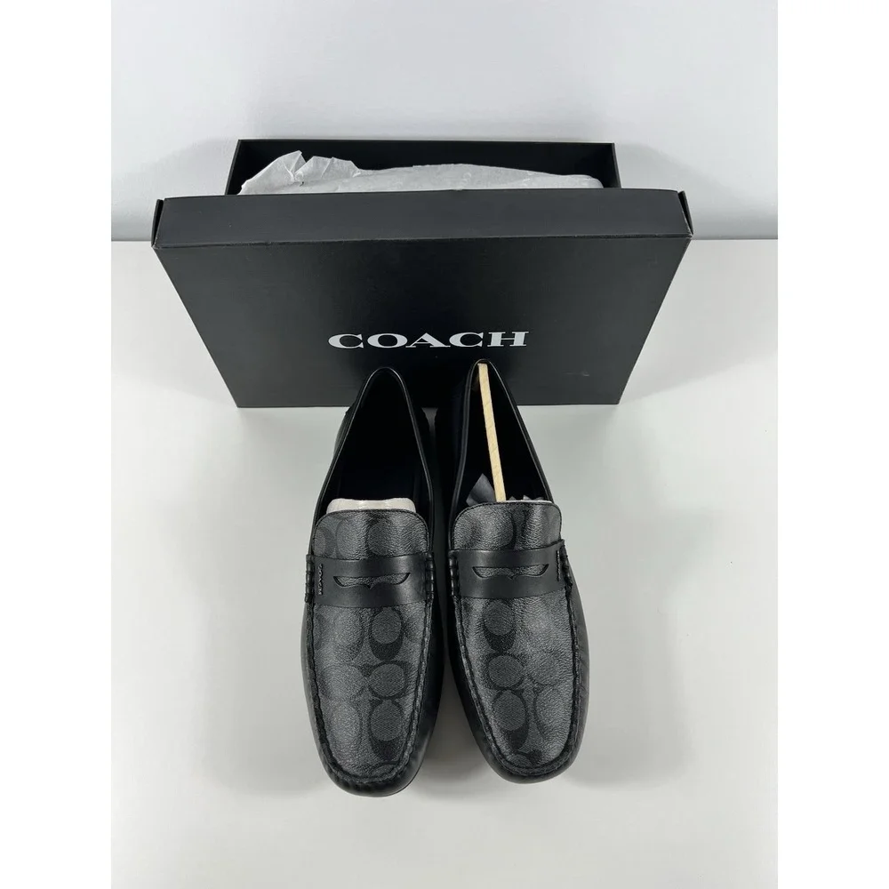 COACH Men's Shoes Loafer Size 12 US Black Leather MOTT DRIVER SIG PVC